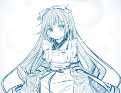 Rule 34 | 1girl, apron, blue theme, blush, bow, closed mouth, commentary request, frilled apron, frills, hair bow, haryuu (poetto), head tilt, heterochromia, japanese clothes, kimono, kimono hold, long hair, long sleeves, looking at viewer, monochrome, rozen maiden, smile, solo, suiseiseki, very long hair, white background, wide sleeves