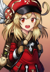 Rule 34 | 1girl, :d, absurdres, backpack, bag, blonde hair, blush, cabbie hat, dodoco (genshin impact), dress, genshin impact, gloves, hat, hat feather, highres, klee (genshin impact), long sleeves, looking at viewer, mixed-language commentary, open mouth, red eyes, red hat, silverchariotx, smile, solo, stuffed animal, stuffed toy, teeth, upper body, upper teeth only