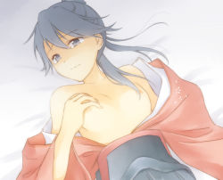 Rule 34 | 1girl, blue eyes, blue hair, breasts, closed mouth, hair between eyes, hakama, hakama skirt, houshou (kancolle), japanese clothes, kantai collection, kimono, long hair, looking to the side, lying, natsushi, nipples, off shoulder, on back, ponytail, skirt, small breasts, solo, tears, upper body