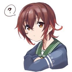 Rule 34 | 1girl, ?, blue jacket, brown hair, character name, commentary request, gradient hair, green sailor collar, highres, hood, hooded jacket, hoodie, jacket, kantai collection, looking at viewer, minosu, multicolored hair, mutsuki (kancolle), mutsuki kai ni (kancolle), red hair, sailor collar, school uniform, serafuku, short hair, simple background, solo, spoken question mark, upper body, white background