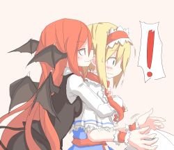 Rule 34 | !, &gt;:), 2girls, alice margatroid, bat wings, biting, blonde hair, blue dress, blue eyes, blush, breast press, breasts, breasts on another&#039;s back, capelet, demon tail, dress, ear biting, frills, hairband, head wings, highres, hug, hug from behind, kaminendo, koakuma, long hair, long sleeves, multiple girls, naughty face, pink background, red eyes, red hair, ribbon, short hair, short sleeves, simple background, skirt, skirt set, surprised, tail, touhou, v-shaped eyebrows, very long hair, vest, wavy mouth, wide-eyed, wings, wrist cuffs, yuri