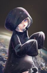 Rule 34 | 1girl, :3, :d, absurdres, armband, black cloak, blue eyes, cloak, commentary, earth (planet), eyelashes, fang, highres, hood, hood up, hooded cloak, indie virtual youtuber, jpml, looking at viewer, multicolored eyes, nisha (vtuber), one eye covered, open mouth, oversized clothes, photoshop (medium), planet, skin fang, sleeves past fingers, sleeves past wrists, smile, space, spanish commentary, star (sky), star (symbol), starry sky print, virtual youtuber, white hair, yellow eyes