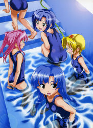 Rule 34 | 5girls, arms behind back, ass, blonde hair, blue hair, blush, artistic error, flat chest, highres, lens flare, long hair, multiple girls, nakahira guy, one-piece swimsuit, perspective, pink hair, ripples, school swimsuit, short hair, squatting, stairs, swimsuit, wading, water