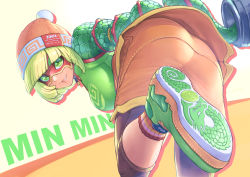 Rule 34 | 1girl, absurdres, arms (game), ass, beanie, black leggings, blonde hair, blunt bangs, character name, domino mask, from behind, green eyes, hat, highres, leaning forward, leggings, looking at viewer, looking back, mao san, mask, min min (arms), nintendo, shoes, short hair, shorts, smile, solo