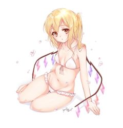 Rule 34 | 1girl, arm support, artist name, bare legs, bare shoulders, barefoot, bikini, blonde hair, blush, breasts, cameltoe, collarbone, commentary request, crystal, dated, flandre scarlet, front-tie bikini top, front-tie top, groin, haruki (colorful macaron), highres, long hair, looking at viewer, navel, no headwear, one side up, parted lips, red eyes, shadow, signature, simple background, sitting, small breasts, solo, stomach, swimsuit, thighs, touhou, water drop, white background, white bikini, wings