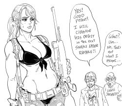 Rule 34 | 1girl, 2boys, bald, bare shoulders, bb (baalbuddy), beard, belt, bikini, breasts, cleavage, closed mouth, commentary, english commentary, english text, facial hair, front-tie bikini top, front-tie top, glasses, greyscale, gun, highres, holding, holding gun, holding weapon, kojima hideo, konami, large breasts, long hair, metal gear (series), metal gear solid v: the phantom pain, monochrome, multiple boys, opaque glasses, pantyhose, ponytail, quiet (metal gear), rifle, simple background, smile, sweatdrop, swimsuit, torn clothes, torn legwear, weapon, white background
