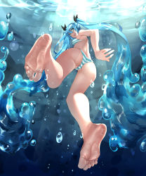 Rule 34 | 1girl, ass, black ribbon, blue eyes, blue hair, diving, eiji (eiji), feet, from behind, hair ribbon, hatsune miku, highres, long hair, open mouth, panties, ribbon, soles, solo, striped clothes, striped panties, swimming, toes, twintails, underwater, underwear, vocaloid