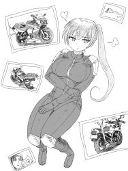 Rule 34 | 1boy, 1girl, biker clothes, bikesuit, blush, bodysuit, breasts, drawing (object), full body, gloves, greyscale, hayabusa nobuwo, highres, knee pads, kukkoro rider, large breasts, looking to the side, ministry of land infrastructure and transportation, monochrome, motor vehicle, motorcycle, shoulder pads, side ponytail, simple background, skin tight, solo focus, white background