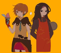 Rule 34 | 2boys, ambiguous gender, apron, arms behind back, brown hair, clothes around waist, egg, expressionless, frying pan, gloves, hair ornament, highres, hood, hoodie, ice cream cone, kimi ga shine, ladle, long hair, looking at viewer, multiple boys, necktie, orange eyes, orange hair, satou kai, scarf, shino8504, skirt, spatula, striped, sweater, sweater around waist, toto noel, upper body, yellow background