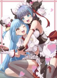 Rule 34 | 2girls, aisu (i ce pinon pino), aqua hair, asymmetrical legwear, azur lane, blue eyes, blue hair, box, box of chocolates, breasts, checkerboard cookie, cheshire (azur lane), chocolate, clam shell, cookie, dress, food, frilled dress, frilled hairband, frills, hair ornament, hairband, heart, highres, holding, hug, hug from behind, medium breasts, multicolored hair, multiple girls, neptune (azur lane), one eye closed, open mouth, shell hair ornament, smile, streaked hair, thighhighs, thighs, valentine, yellow eyes