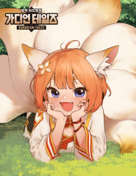 Rule 34 | 1girl, absurdres, ahoge, animal ears, artist request, blue eyes, breasts, eight-tailed fox nari, fang, fox ears, fox girl, fox tail, guardian tales, hair ornament, hand on own face, highres, korean clothes, looking at viewer, lying, multiple tails, on stomach, open mouth, orange hair, ribbon, small breasts, tail, thick eyebrows