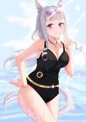 Rule 34 | 1girl, animal ears, bare shoulders, black one-piece swimsuit, blush, breasts, cleavage, commentary request, cowboy shot, eyewear on head, gold ship (run revolt launcher) (umamusume), gold ship (umamusume), hands on own hips, heart, highres, horse ears, horse girl, horse tail, large breasts, long hair, official alternate costume, official alternate hairstyle, one-piece swimsuit, philo 324, purple eyes, simple background, smile, solo, sunglasses, swimsuit, tail, umamusume, white background, yellow nails