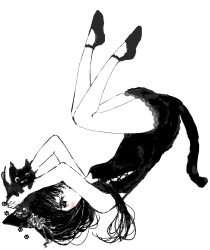 Rule 34 | 1girl, animal, animal ears, arms up, bare arms, bare shoulders, blush, breasts, cat, cat ears, cat girl, cat tail, commentary, covered mouth, dress, full body, highres, holding, holding animal, lace, lace-trimmed dress, lace trim, legs up, long hair, looking at viewer, monochrome, original, shoes, simple background, sleeveless, sleeveless dress, small breasts, solo, symbol-only commentary, tail, tsukiyo (skymint), upside-down, white background