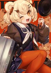 Rule 34 | 1girl, animal ears, arknights, bag, bear ears, blonde hair, candy hair ornament, character name, cowlick, fingernails, food-themed hair ornament, frying pan, gummy (arknights), hair ornament, hairclip, heart, highres, holding, holding frying pan, jacket, karokuchitose, long sleeves, nail polish, one eye closed, open mouth, orange background, orange nails, orange pantyhose, pantyhose, polka dot, polka dot background, sailor collar, short hair, shoulder bag, skirt, solo, stuffed animal, stuffed toy, teddy bear, yellow eyes