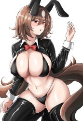 Rule 34 | 1girl, animal ears, bikini, black bikini, black thighhighs, blush, breasts, brown hair, cleavage, commentary request, cowboy shot, ear covers, hair between eyes, hand on own hip, hand up, highres, horse ears, horse girl, horse tail, large breasts, long hair, long sleeves, looking at viewer, meme attire, miya nns35, multicolored hair, navel, necktie, open mouth, red eyes, red necktie, revealing clothes, reverse bunnysuit, reverse outfit, shrug (clothing), side-tie bikini bottom, sidelocks, simple background, sirius symboli (umamusume), skindentation, solo, standing, stomach, streaked hair, sweat, swimsuit, tail, thighhighs, two-tone hair, umamusume, white background, white hair, wrist cuffs