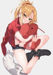 Rule 34 | 1girl, bandeau, blonde hair, blue shorts, blush, boots, braid, breasts, cat, commission, cutoffs, denim, denim shorts, fate/apocrypha, fate (series), french braid, green eyes, hair ornament, hair scrunchie, highres, jacket, jacket on shoulders, kan&#039;yu (citron 82), lobster, long hair, looking at viewer, mordred (fate), mordred (fate/apocrypha), mordred (memories at trifas) (fate), open clothes, open jacket, parted bangs, ponytail, red jacket, scrunchie, shorts, sidelocks, sitting, skeb commission, small breasts, stuffed toy