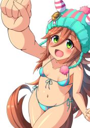 Rule 34 | animal ears, apoj, arm up, beanie, blush, breasts, brown hair, clenched hands, collarbone, green eyes, hair between eyes, hair ornament, hat, horse ears, horse girl, horse tail, looking at viewer, navel, open mouth, pom pom (clothes), pom pom beanie, samson big (umamusume), small breasts, swimsuit, tail, umamusume, white background