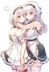 Rule 34 | 2girls, anchor choker, apron, armpits, aye, azur lane, bare shoulders, black hairband, breasts, center frills, choker, cleavage, dido (azur lane), earrings, frilled choker, frills, hairband, hug, hug from behind, jewelry, lace-trimmed hairband, lace trim, large breasts, looking at another, multiple girls, red eyes, short hair, sirius (azur lane), thighhighs, waist apron, white apron, white hair, white legwear