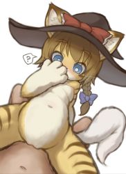 Rule 34 | 1boy, 1girl, ?, absurdres, blonde hair, blue bow, blue eyes, blush, bow, braid, breasts, bright pupils, cat, commentary request, cookie (touhou), feet out of frame, furrification, furry, furry female, furry with non-furry, hair between eyes, hat, hat bow, hetero, highres, interspecies, kirisame marisa, kitsune kemono, looking down, medium hair, meguru (cookie), nipples, open mouth, pussy, red bow, sex, side braid, simple background, single braid, small breasts, spoken question mark, touhou, vaginal, white background, white pupils, witch hat
