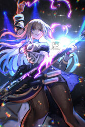 Rule 34 | 1girl, artist logo, artist name, blonde hair, blue eyes, blurry, breasts, brown pantyhose, chromatic aberration, commentary, cowboy shot, electric guitar, energy, english commentary, eyes visible through hair, fantasy, floating hair, from below, guitar, highres, holding, holding instrument, honkai: star rail, honkai (series), instagram logo, instrument, long hair, long sleeves, looking at viewer, magic, making-of available, medium breasts, multicolored hair, music, outstretched arm, pantyhose, playing instrument, purple hair, purple skirt, ryrmcher, serval landau, signature, skirt, solo, sparkle, standing, streaked hair, twitter logo, unfinished, watermark