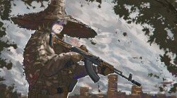 Rule 34 | 1girl, absurdres, ammunition pouch, assault rifle, belt, camouflage, cityscape, gloves, gun, hat, highres, kalashnikov rifle, optical sight, original, pouch, rifle, scar, scar on face, solo, tree, van duck iii, weapon, white hair, witch hat