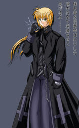 Rule 34 | 00s, 1boy, androgynous, black gloves, clenched hand, cowboy shot, electricity, glasses, gloves, grey background, long hair, long sleeves, lyrical nanoha, magical boy, mahou shoujo lyrical nanoha, mahou shoujo lyrical nanoha strikers, male focus, ponytail, scarlet (infinity), simple background, solo, standing, translation request, yuuno scrya