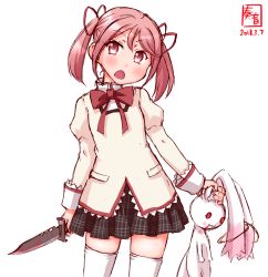 Rule 34 | 1girl, black skirt, combat knife, commentary, cosplay, cowboy shot, dated, grabbing another&#039;s ear, grabbing another's ear, highres, holding by the ears, kaname madoka, kaname madoka (cosplay), kanon (kurogane knights), kantai collection, knife, kyubey, logo, look-alike, looking at viewer, mahou shoujo madoka magica, mahou shoujo madoka magica (anime), open mouth, pink eyes, pink hair, plaid, plaid skirt, sazanami (kancolle), school uniform, short hair, simple background, skirt, solo, thighhighs, twintails, weapon, white background, white thighhighs