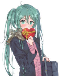 Rule 34 | 1girl, ahoge, aqua eyes, aqua hair, bag, black jacket, blush, box, gift, gift box, hair between eyes, hatsune miku, heart, highres, holding, jacket, long hair, looking at viewer, miae, nail polish, open clothes, open jacket, open mouth, scarf, school bag, school uniform, solo, striped clothes, striped scarf, twintails, valentine, vocaloid, white background