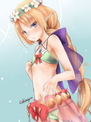 Rule 34 | 1girl, akino shuu, bare arms, bare shoulders, bikini, blonde hair, blue background, blue eyes, blush, bow, character request, closed mouth, commentary request, elf, flat chest, flower, flower wreath, green bikini, head wreath, long hair, navel, parted bangs, pointy ears, purple bow, red bow, sennen sensou aigis, signature, solo, swimsuit, very long hair, white flower