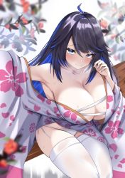Rule 34 | 1girl, black hair, blue eyes, blue hair, blush, breasts, cleavage, highres, indie virtual youtuber, japanese clothes, kimono, kson, large breasts, long hair, looking at viewer, mole, mole under eye, multicolored hair, panties, revealing clothes, side-tie panties, sitting, skindentation, smile, solo, souchou, swept bangs, thighhighs, thighs, tomi27, two-tone hair, underwear, very long hair, virtual youtuber, white thighhighs