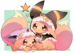 Rule 34 | :3, brown eyes, capelet, closed mouth, clothed pokemon, commentary request, cosplay, creatures (company), eevee, espeon, espeon (cosplay), fur-trimmed capelet, fur trim, game freak, gen 1 pokemon, gen 2 pokemon, green background, highres, hood, hooded capelet, lying, nintendo, on stomach, open mouth, pokemon, pokemon (creature), simple background, sitting, star (symbol), umbreon, umbreon (cosplay), yupo 0322