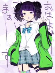 Rule 34 | 1girl, asymmetrical hair, asymmetrical legwear, blunt bangs, bow, bowtie, collar, contrapposto, cowboy shot, diagonal bangs, earrings, garter straps, goth fashion, green jacket, hand in pocket, hand up, idolmaster, idolmaster shiny colors, jacket, jewelry, long hair, looking at viewer, loose bowtie, multiple earrings, off shoulder, open mouth, plaid, plaid bow, plaid bowtie, plaid neckwear, plaid skirt, pointy hair, purple eyes, purple hair, school uniform, shirt, single garter strap, single thighhigh, skirt, sleeves past wrists, solo, standing, star (symbol), starry background, studded collar, studded thigh strap, tanaka mamimi, tetsujilo, thigh strap, thighhighs, track jacket, twintails, uneven legwear, untucked shirt, waving, wavy hair