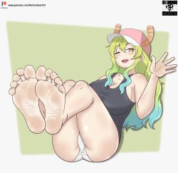 Rule 34 | 1girl, absurdres, ass, bare shoulders, barefoot, blue hair, breasts, cleavage, dragon horns, feet, female focus, foot focus, green hair, hat, highres, horns, kobayashi-san chi no maidragon, large breasts, light blush, looking at viewer, lucoa (maidragon), multicolored hair, one eye closed, open mouth, panties, rottenheart10, sitting, soles, solo, toes, underwear, white panties, yellow eyes