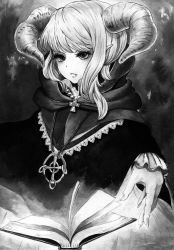 Rule 34 | absurdres, book, fangs, greyscale, highres, horns, jewelry, monochrome, necklace, original, pointy ears, solo, yamanashi mashiro