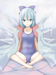 Rule 34 | 1girl, arm support, blue eyes, blue hair, blue one-piece swimsuit, breasts, butterfly sitting, cirno, covered navel, hair ribbon, ice, ice wings, jack (wkm74959), jacket, jacket on shoulders, jacket over swimsuit, matching hair/eyes, one-piece swimsuit, ribbon, school swimsuit, short hair, sitting, small breasts, smile, solo, swimsuit, touhou, wings