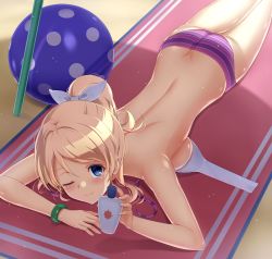 Rule 34 | 10s, 1girl, ass, ayase eli, ball, bare back, bikini, blonde hair, blue eyes, bottle, butt crack, lotion, love live!, love live! school idol project, lying, on stomach, one eye closed, ponytail, seirei911, solo, sunscreen, swimsuit