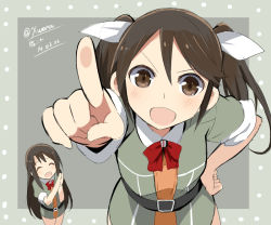Rule 34 | 10s, 2girls, :d, ^ ^, belt, blush, brown eyes, brown hair, chikuma (kancolle), closed eyes, copyright name, dated, closed eyes, green background, hair ribbon, hand on own hip, kantai collection, long hair, looking at viewer, miniskirt, multiple girls, neck ribbon, open mouth, own hands together, personification, pointing, pointing at viewer, red ribbon, ribbon, skirt, smile, tone (kancolle), twintails, twitter username, v-shaped eyebrows, wara (warapro), white ribbon