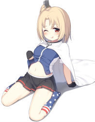Rule 34 | 1girl, ;q, aged down, american flag, american flag legwear, american flag print, anchor symbol, arm support, azur lane, black gloves, black skirt, blonde hair, blue jacket, blue shirt, blue socks, blush, breasts, cape, clevelad (azur lane), cleveland (azur lane), clothes lift, commentary request, fingerless gloves, flag print, full body, gloves, groin, hair ornament, highres, jacket, jacket lift, looking at viewer, midriff, miniskirt, multicolored clothes, multicolored legwear, navel, no shoes, olive (laai), one eye closed, one side up, parted bangs, red eyes, shadow, shirt, short sleeves, sidelocks, simple background, sitting, skirt, small breasts, smile, socks, solo, star (symbol), star print, tongue, tongue out, wariza, white background, white cape