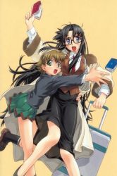 Rule 34 | 00s, 2girls, :d, aged down, arm up, black hair, blazer, blue eyes, blush, book, breast press, breasts, brown hair, coat, glasses, green eyes, hairband, hug, jacket, jpeg artifacts, large breasts, leg up, legs, long hair, luggage, messy hair, multiple girls, necktie, open clothes, open mouth, parted bangs, pleated skirt, read or die, school uniform, shoes, short hair, skirt, smile, socks, suitcase, sumiregawa nenene, trench coat, very long hair, vest, waistcoat, yomiko readman