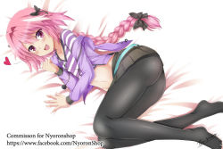Rule 34 | 1boy, animal hood, artist name, ass, astolfo (fate), bed sheet, belt, black bow, black pantyhose, black ribbon, black skirt, blush, bow, braid, clenched hand, collarbone, contemporary, cross, cross necklace, drawstring, eyebrows, eyelashes, fang, fate/apocrypha, fate/grand order, fate (series), hair between eyes, hair intakes, hair ornament, hair ribbon, heart, hood, hoodie, jacket, jewelry, long hair, long sleeves, looking at viewer, lying, male focus, midriff, miniskirt, multicolored hair, navel, necklace, on side, open clothes, open hoodie, open jacket, open mouth, pantyhose, pink eyes, pink hair, pleated skirt, purple jacket, rabbit hood, ribbon, shirt, signature, simple background, single braid, skirt, smile, solo, streaked hair, striped clothes, striped shirt, the-sinner, tongue, trap, very long hair, watermark, web address, white hair
