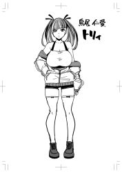 Rule 34 | 1girl, arm behind back, bike shorts, blush, breasts, camisole, cleavage, commentary request, diagonal bangs, eyes visible through hair, greyscale, highres, large breasts, monochrome, multicolored hair, off-shoulder jacket, off shoulder, original, satsuki imonet, short shorts, shorts, solo, streaked hair, thighhighs, translation request, twintails, two-tone hair