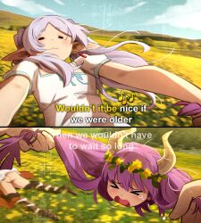 &gt;_&lt; 2girls 2koma :3 =_= absurdres ass aura_(sousou_no_frieren) aura_bullying_(meme) black_thighhighs blood blue_ribbon blue_sky blurry blurry_background blush cloud comic crying crystal_earrings day demon_horns disembodied_head dot_nose dress earrings elf english_text femdom flower_wreath frieren grass grey_hair highres holding_another&#039;s_hair horns humiliation jewelry khyle. meadow meme multiple_girls open_mouth outdoors pointy_ears purple_hair ribbon short_eyebrows short_sleeves sky sousou_no_frieren striped_clothes striped_thighhighs the_beach_boys thighhighs twintails two-tone_thighhighs white_dress white_thighhighs