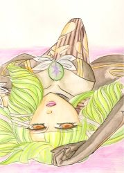 Rule 34 | artist request, breasts, dress, emeraude (tales of graces), green hair, hair ornament, long hair, lying, tales of (series), tales of graces, yellow eyes