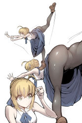 Rule 34 | 1girl, absurdres, artoria pendragon (all), artoria pendragon (fate), blonde hair, boots, dress, fate/stay night, fate (series), flexible, groin, highres, little mojoi, multiple views, pants, pantyhose, ribbon, saber (fate), stretching, tight clothes, tight pants