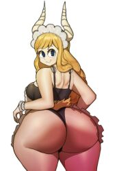 Rule 34 | 1girl, absurdres, apron, ass, ass focus, back, bare shoulders, blonde hair, blue eyes, boku no hero academia, bra strap, breasts, cameltoe, clothes lift, collarbone, curvy, doublehero, dress, dress lift, female focus, from behind, highleg, highres, hip focus, horns, horse girl, horse tail, huge ass, large breasts, long hair, looking at viewer, looking back, maid headdress, presenting, shiny skin, sideboob, simple background, smile, solo, standing, tail, thong, tsunotori pony, very long hair, white background, wide hips