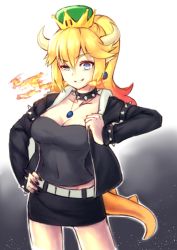 Rule 34 | 1girl, alternate costume, belt, black background, black jacket, black shirt, black skirt, blonde hair, bowsette, bracelet, breasts, cleavage, collar, contemporary, covered navel, cowboy shot, earrings, gradient background, hand on own hip, highres, hip focus, hood, hood down, hooded jacket, horns, impossible clothes, impossible shirt, jacket, jewelry, light particles, long hair, looking at viewer, mario (series), miniskirt, multicolored hair, necklace, new super mario bros. u deluxe, nintendo, open clothes, open jacket, pendant, pointy ears, ponytail, raised eyebrow, red hair, shirt, sidelocks, skirt, small breasts, solo, spiked bracelet, spiked collar, spiked tail, spikes, streaked hair, super crown, tail, thighs, tight clothes, tight shirt, white background, youryokuso (chlorophyll)
