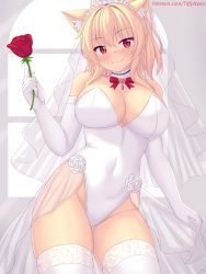 Rule 34 | 1girl, animal ears, blonde hair, blush, bridal veil, bride, cat ears, cat girl, closed mouth, covered navel, cowboy shot, detached collar, dress, elbow gloves, gloves, highres, leotard, long hair, looking at viewer, nottytiffy, original, red eyes, slit pupils, smile, solo, thighhighs, thighs, tiffy (nottytiffy), veil, wedding dress, white gloves, white leotard, white thighhighs