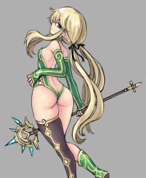 Rule 34 | 1girl, ass, bare back, bare shoulders, black thighhighs, blonde hair, boots, butt crack, detached sleeves, dimples of venus, elf, from behind, green eyes, leotard, long hair, looking back, low twintails, original, pointy ears, poorgom, ribbon, single thighhigh, solo, staff, thighhighs, twintails, very long hair, weapon