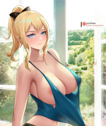 Rule 34 | 1girl, artist name, bare shoulders, black panties, blonde hair, blue eyes, bow, breasts, closed mouth, commentary, cropped, english commentary, genshin impact, hair bow, highres, jean (genshin impact), large breasts, navel, nipples, no bra, panties, patreon logo, patreon username, ponytail, porblee, smile, solo, tank top, underwear, watermark, web address