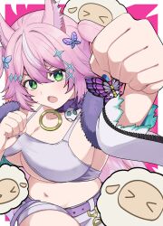 Rule 34 | 1girl, :o, absurdres, animal ear fluff, animal ears, belt, blue nails, blush, breasts, butterfly hair ornament, cleavage, clenched hands, clothing cutout, collar, fangs, foreshortening, fox ears, fox girl, fox tail, green eyes, hair ornament, highres, huge breasts, incoming attack, incoming punch, long hair, looking at viewer, multicolored hair, nail polish, navel, nijisanji, nijisanji kr, open mouth, pink hair, punching, purple belt, purple collar, sidelocks, solo, sparkle hair ornament, stomach, streaked hair, tail, tank top, tsukimi kuma, underboob cutout, upper body, v-shaped eyebrows, virtual youtuber, white hair, white tank top, x hair ornament, yang nari, yang nari (2nd costume)